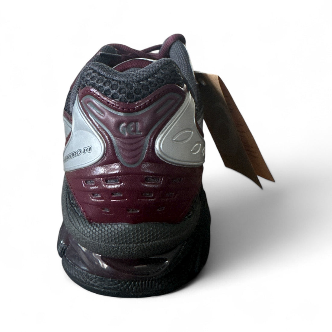 Back view of ASICS Gel-Kayano 14 running shoes in maroon and grey colorway.
