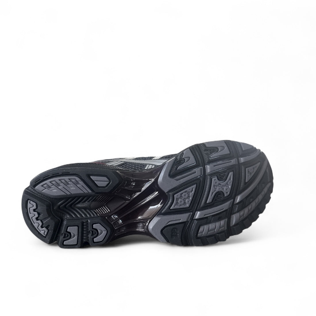 ASICS Gel-Kayano 14 running shoes black and silver outsole view for performance and comfort.